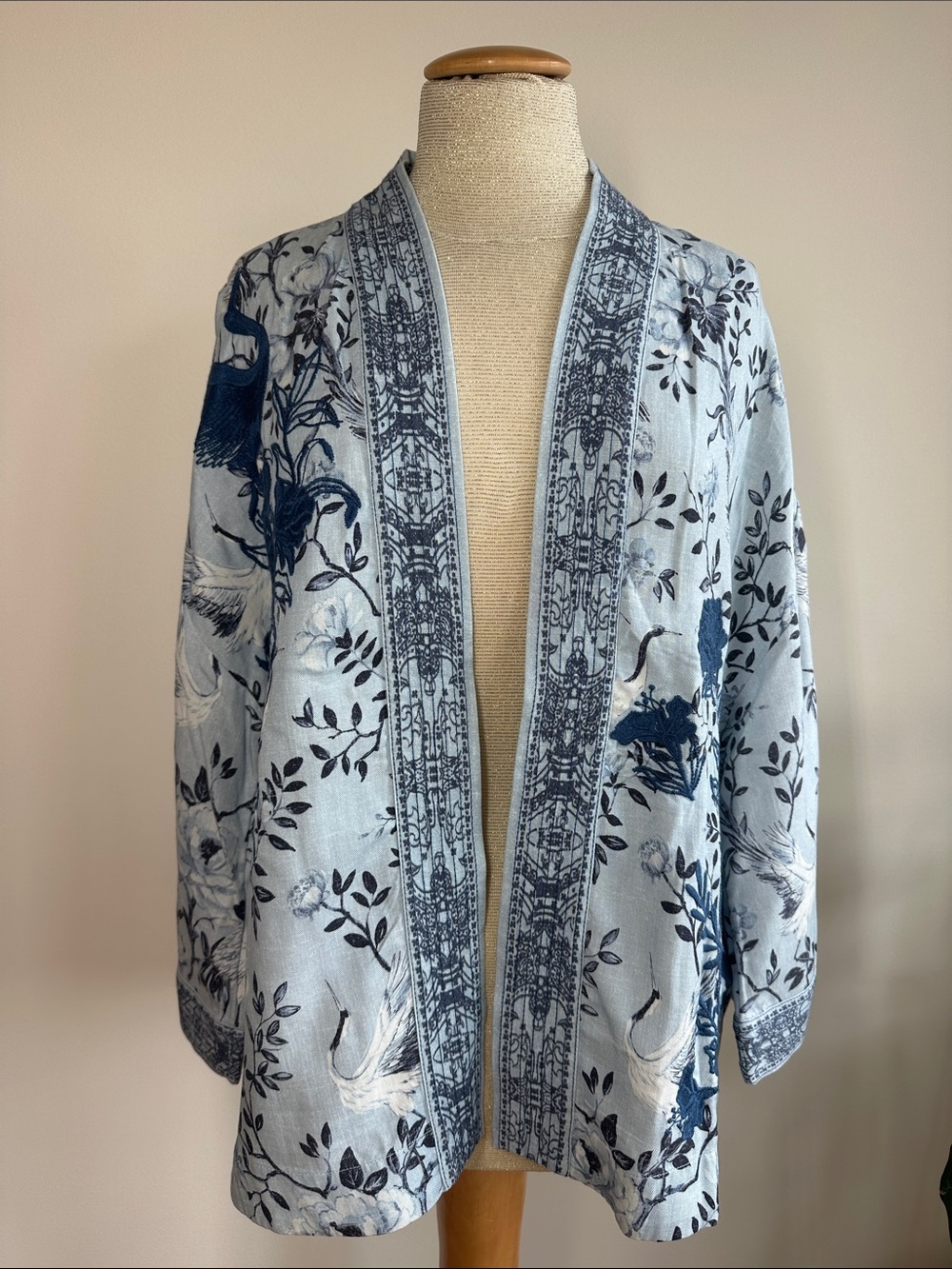 Soft Surroundings Blue Crane Floral Embroidered Lyocell Kimono PXL